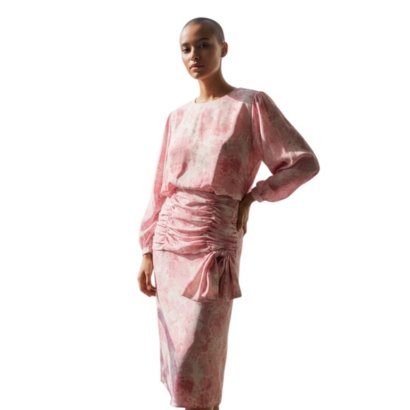 Vintage pink floral ruched midi women's high neckline, Long sleeve Dress, Small - Picture 2 of 8